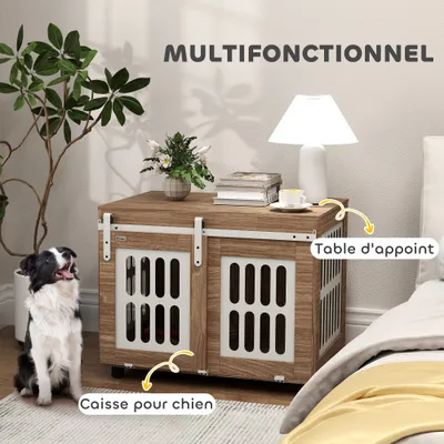 PawHut - Cage pour chien porte couliss verrouill H.63cm - beige bois noyer