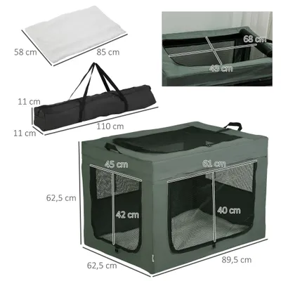PawHut - Sac de transport pliable 2 poignées, 3 portes H.62cm - gris
