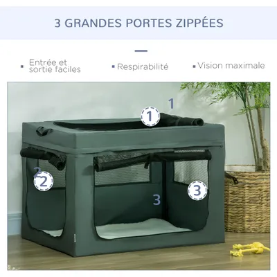 PawHut - Sac de transport pliable 2 poignées, 3 portes H.62cm - gris