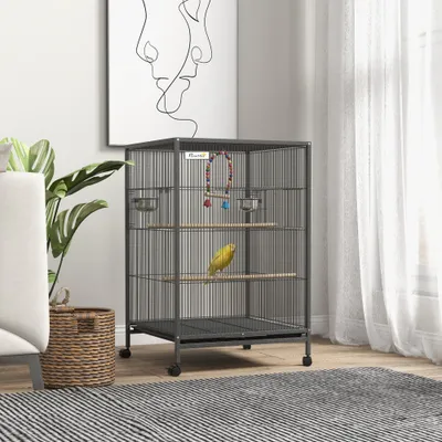 PawHut - Volière mobile sur roulettes avec accessoires H.74cm - Gris noir