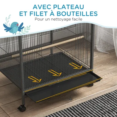 PawHut - Volière mobile sur roulettes avec accessoires H.74cm - Gris noir