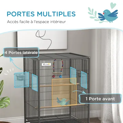PawHut - Volière mobile sur roulettes avec accessoires H.74cm - Gris noir