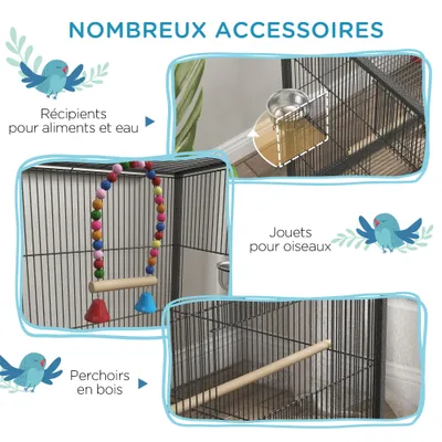 PawHut - Volière mobile sur roulettes avec accessoires H.74cm - Gris noir