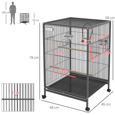 PawHut - Volière mobile sur roulettes avec accessoires H.74cm - Gris noir