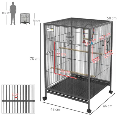 PawHut - Volière mobile sur roulettes avec accessoires H.74cm - Gris noir