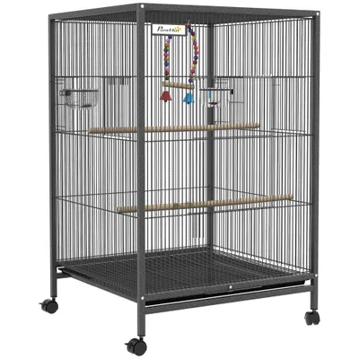 PawHut - Volière mobile sur roulettes avec accessoires H.74cm - Gris noir