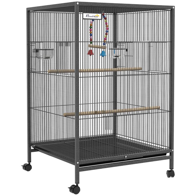 PawHut - Volière mobile sur roulettes avec accessoires H.74cm - Gris noir