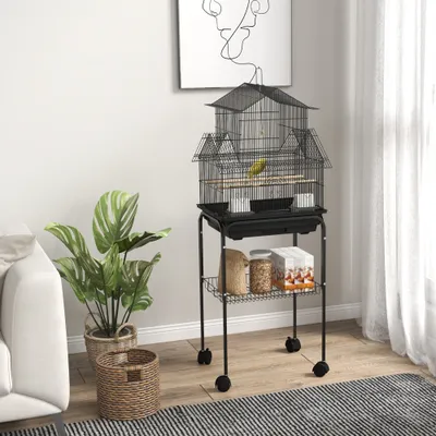 PawHut - Cage oiseaux design maison mangeoires perchoirs 3 portes - noir