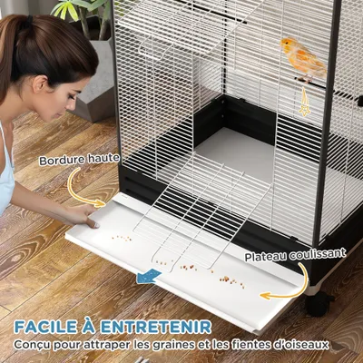PawHut - Grande volière mobile plateau déjection amovible - blanc noir