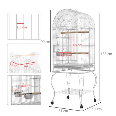 PawHut - Volière sur roulettes avec plateau amovible et 2 bols inox - Blanc