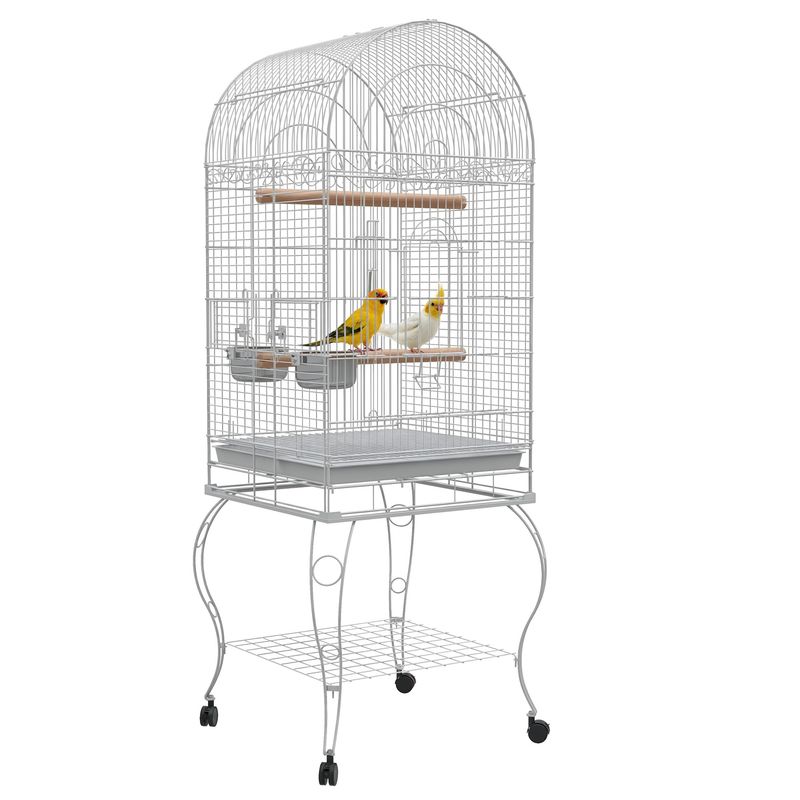 PawHut - Volière sur roulettes avec plateau amovible et 2 bols inox - Blanc