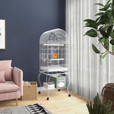 PawHut - Volière sur roulettes avec plateau amovible et 2 bols inox - Blanc