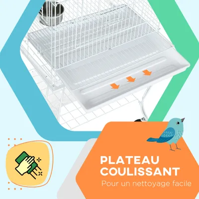 PawHut - Volière sur roulettes avec plateau amovible et 2 bols inox - Blanc