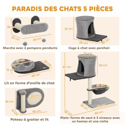 PawHut - Arbre à chat mural parcours mural en bois 5 pièces - crème gris