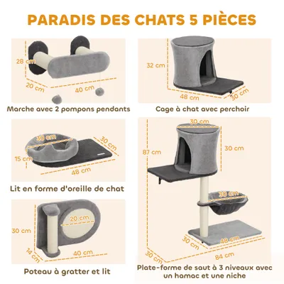 PawHut - Arbre à chat mural parcours mural en bois 5 pièces - crème gris PawHut - Arbre à chat mural parcours mural en bois 5 pièces - crème gris