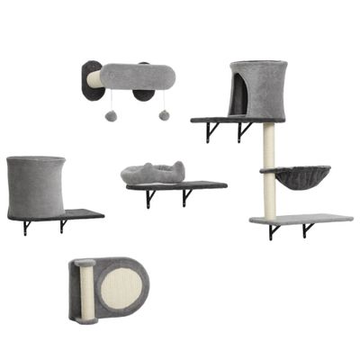 PawHut - Arbre à chat mural parcours mural en bois 5 pièces - crème gris