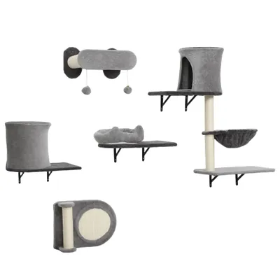PawHut - Arbre à chat mural parcours mural en bois 5 pièces - crème gris PawHut - Arbre à chat mural parcours mural en bois 5 pièces - crème gris
