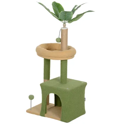 PawHut - Arbre à chat avec niche panier jeux boules griffoirs - beige vert