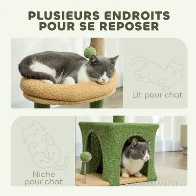 PawHut - Arbre à chat avec niche panier jeux boules griffoirs - beige vert PawHut - Arbre à chat avec niche panier jeux boules griffoirs - beige vert