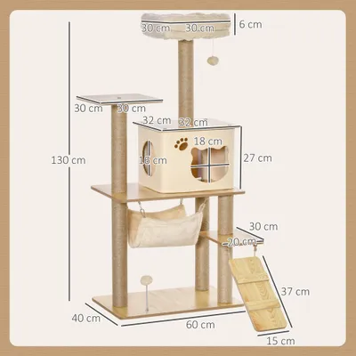 PawHut - Arbre à Chat Effet Bois Naturel Multi Jouets H.130cm