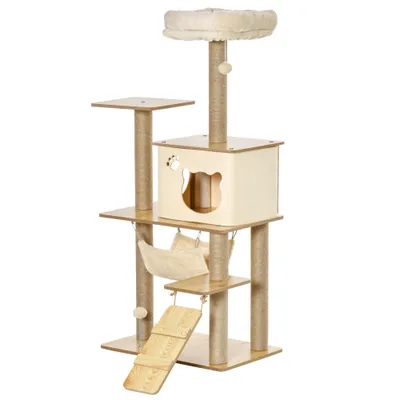 PawHut - Arbre à Chat Effet Bois Naturel Multi Jouets H.130cm