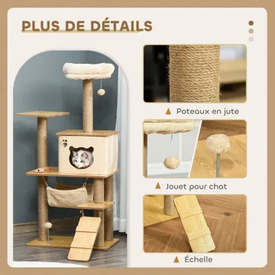 PawHut - Arbre à Chat Effet Bois Naturel Multi Jouets H.130cm
