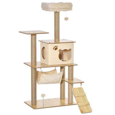PawHut - Arbre à Chat Effet Bois Naturel Multi Jouets H.130cm
