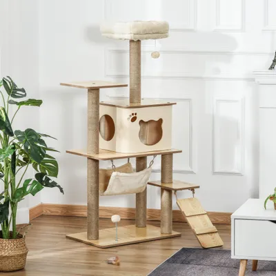 PawHut - Arbre à Chat Effet Bois Naturel Multi Jouets H.130cm
