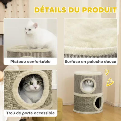 PawHut - Arbre à Chat Tour-Cylindrique, 2 niches + plateforme, sisal-Beige PawHut - Arbre à Chat Tour-Cylindrique, 2 niches + plateforme, sisal-Beige