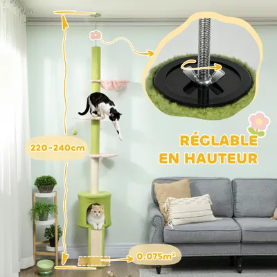 PawHut - Arbre à chat réglable 5 niveaux griffoirs H.220-240cm-vert