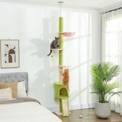 PawHut - Arbre à chat réglable 5 niveaux griffoirs H.220-240cm-vert