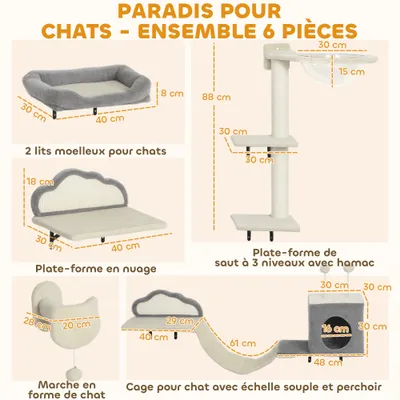 PawHut - Arbre à Chat Mural Parcours en Bois 6 Pièces - Crème Gris