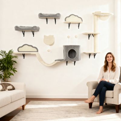 PawHut - Arbre à Chat Mural Parcours en Bois 6 Pièces - Crème Gris