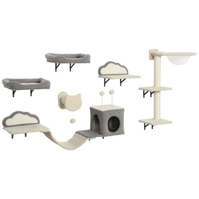 PawHut - Arbre à Chat Mural Parcours en Bois 6 Pièces - Crème Gris