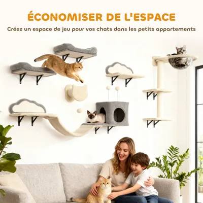 PawHut - Arbre à Chat Mural Parcours en Bois 6 Pièces - Crème Gris