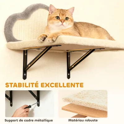 PawHut - Arbre à Chat Mural Parcours en Bois 6 Pièces - Crème Gris