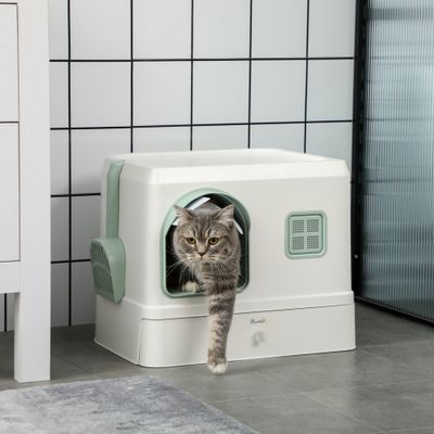 PawHut - Litière Chat Maisonnette - Pelle, Plateau Coul. - Blanc/Vert
