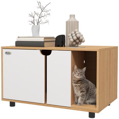 PawHut - Maison de toilette pour chat meuble cache litière-naturel blanc