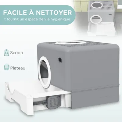 PawHut - Maison Toilette Chat - Porte Battante et Haute Pelle - Gris Blanc PawHut - Maison Toilette Chat - Porte Battante et Haute Pelle - Gris Blanc