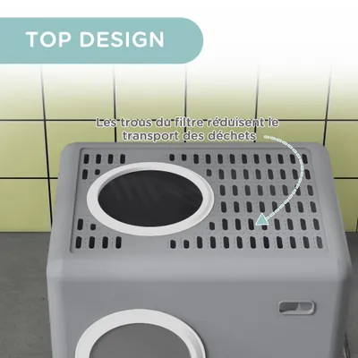 PawHut - Maison Toilette Chat - Porte Battante et Haute Pelle - Gris Blanc PawHut - Maison Toilette Chat - Porte Battante et Haute Pelle - Gris Blanc