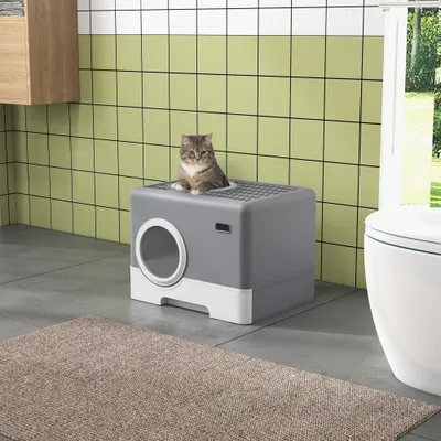 PawHut - Maison Toilette Chat - Porte Battante et Haute Pelle - Gris Blanc