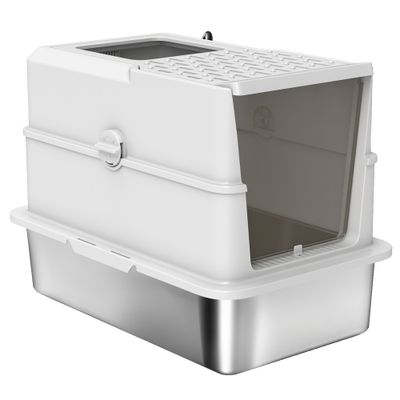 PawHut - Maison de toilette bac à litière fermé acier inox - gris clair