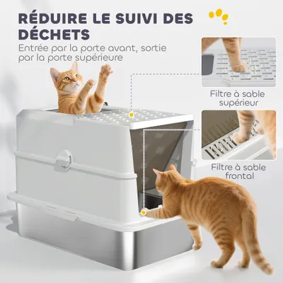 PawHut - Maison de toilette bac à litière fermé acier inox - gris clair