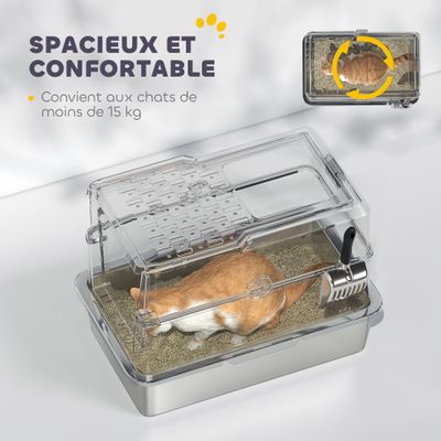 PawHut - Maison de toilette bac à litière fermé acier inox - gris clair