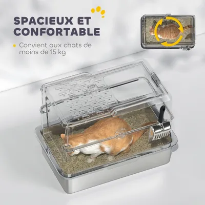 PawHut - Maison de toilette bac à litière fermé acier inox - gris clair