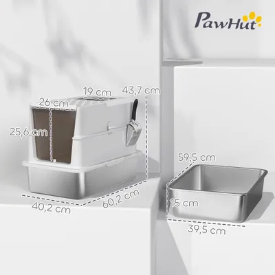 PawHut - Maison de toilette bac à litière fermé acier inox - gris clair