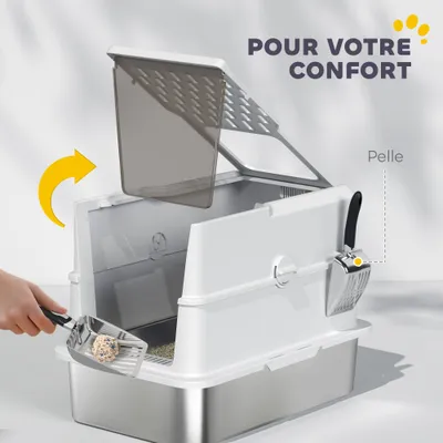 PawHut - Maison de toilette bac à litière fermé acier inox - gris clair