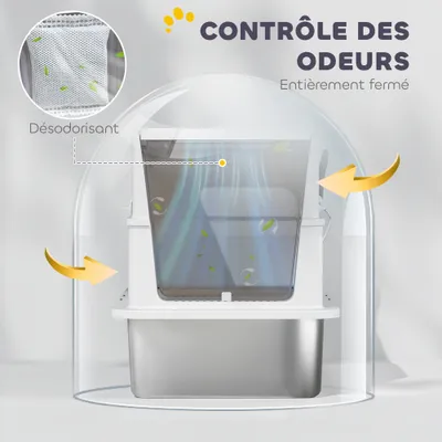 PawHut - Maison de toilette bac à litière fermé acier inox - gris clair