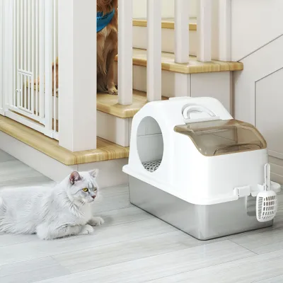 PawHut - Bac à Litière Chat avec Pelle et Poignée H.28cm - Gris Clair