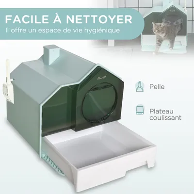 PawHut - Litière Chat avec Porte Battante, Pelle, Filtre et Tapis - bleu